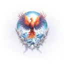 A majestic phoenix rising from the flames with snow-capped mountains in the background tattoo design idea