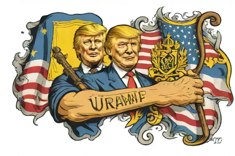 Donald Trump against the background of the flag of Ukraine with a rubber dildo tattoo design idea