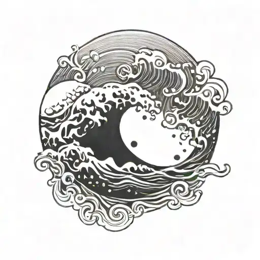 open sea wave moves to the right under which shines a half moon, minimalist and symbolic.  tattoo design idea