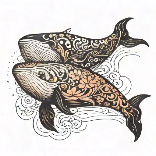 I want a feminine black inked tattoo of a whale coming out of water tattoo design idea