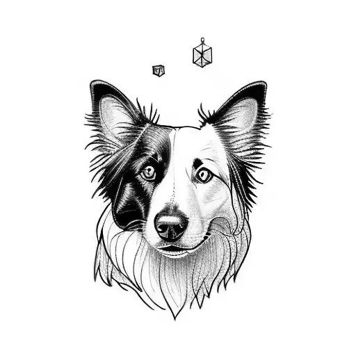 a portrait of a border collie tricolor, low details, like a cartoon, drawn like a sketch, straight lines tattoo design idea