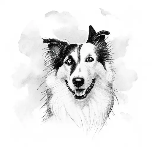 a portrait of a border collie looking the sky very low details, with blurred lines, like a fictional character  tattoo design idea