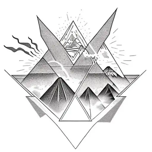 Travis Scott's full silhouette and in the background the pyramids of Giza and below skeletons catching fire. tattoo design idea