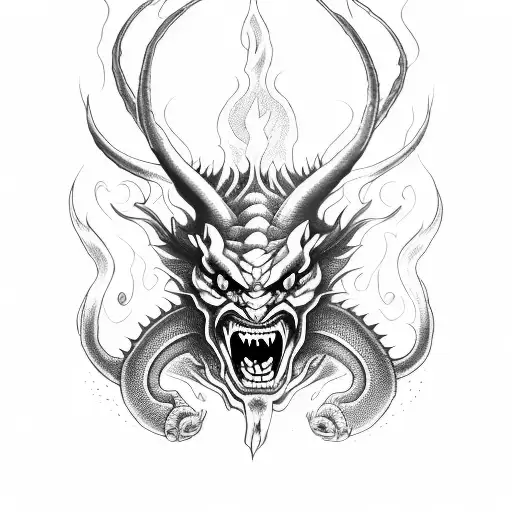 red devil faced demon of fire with along dragon body tattoo design idea