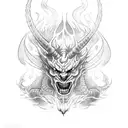 red devil faced demon of fire with along dragon body tattoo design idea
