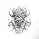 red devil faced demon of fire with along dragon body tattoo design idea