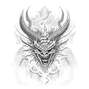 red devil faced demon of fire with along dragon body tattoo design idea
