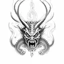 red devil faced demon of fire with along dragon body tattoo design idea