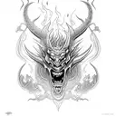 red devil faced demon of fire with along dragon body tattoo design idea