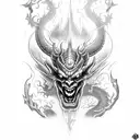 red devil faced demon of fire with along dragon body tattoo design idea