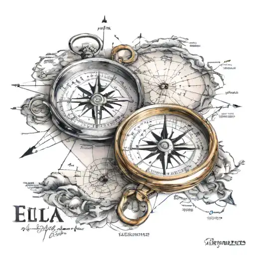Compass and Map with Ella and KJ names, with needle pointing true north  tattoo design idea