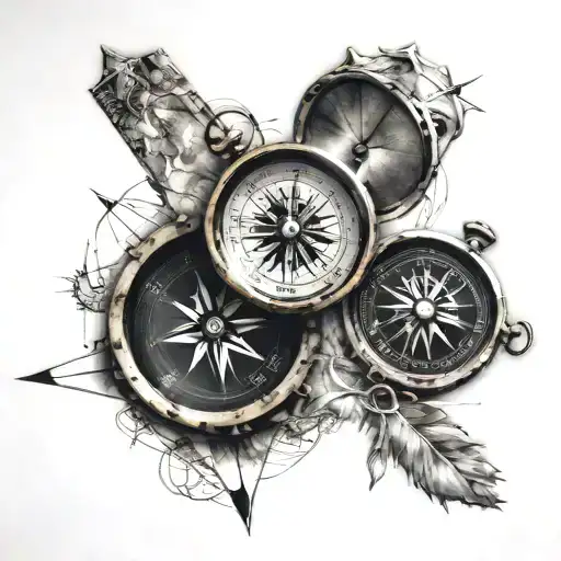 Two compasses, one with Ella on it, one with KJ on it, both pointing true north and a map  tattoo design idea