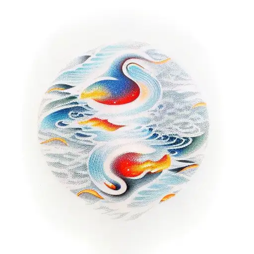 A minimalist tattoo of a flame and a wave merging together, symbolizing the interconnectedness of water and fire in the universe's plans. tattoo design idea