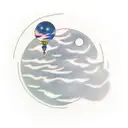 A minimalist tattoo of a planet with a question mark orbiting around it, symbolizing the philosophical pondering of the universe's plans. tattoo design idea