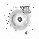 A minimalist tattoo of a planet with a question mark orbiting around it, symbolizing the philosophical pondering of the universe's plans. tattoo design idea