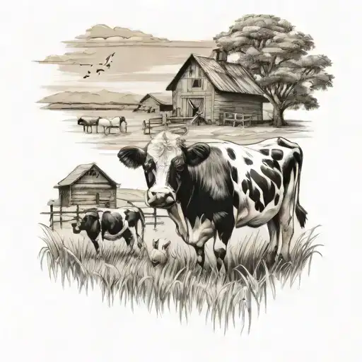 old farm with cows n chickens   tattoo design idea