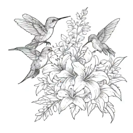 Butterfly, hummingbird, lavender, hibiscus, lilies tattoo design idea