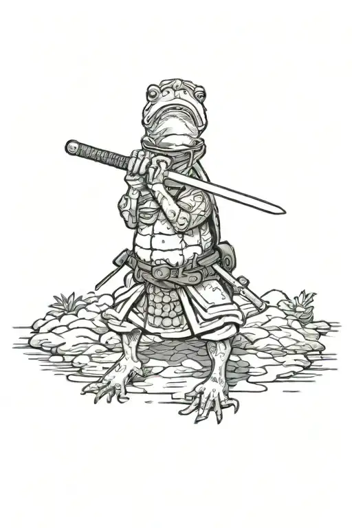 a samurai toad with a katana and in a combat position, looking to the side tattoo design idea