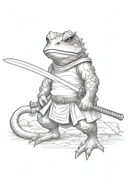 an unarmored samurai toad with only a katana and in a fighting stance, looking to the side tattoo design idea