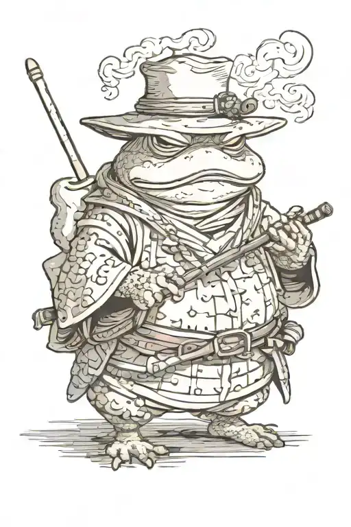 a samurai toad without armor, only his Japanese hat, with a katana and smoking a pipe where smoke comes out tattoo design idea