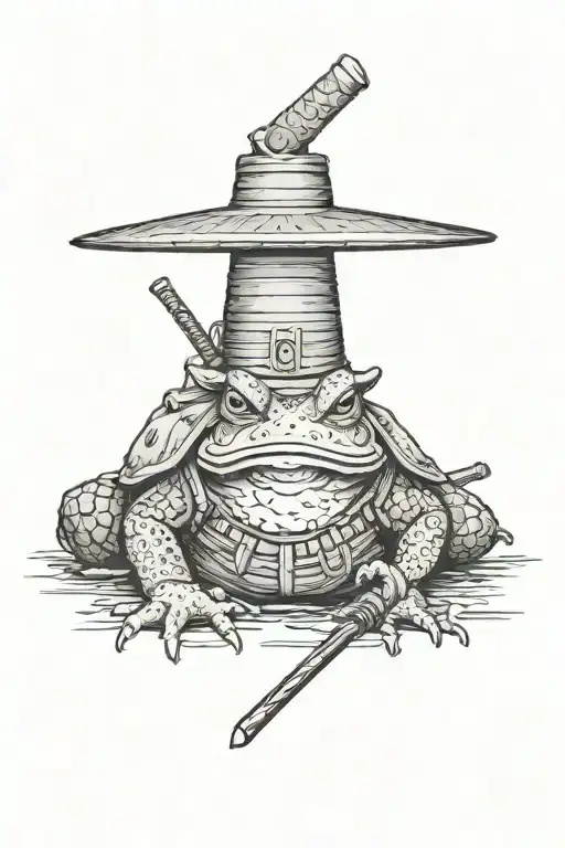 a samurai toad with a katana and a traditional japanese hat tattoo design idea