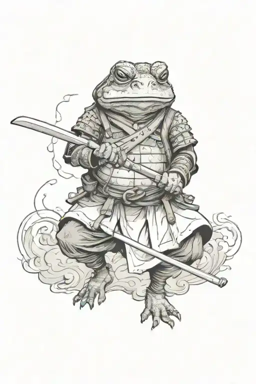 samurai toad alone with his katana in his hand and a pipe in his mouth where smoke comes out tattoo design idea