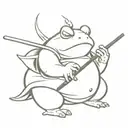 a samurai toad without armor, with a katana and smoking a pipe where smoke comes out, with a combat pose tattoo design idea