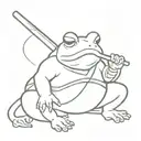 a samurai toad without armor, with a katana and smoking a pipe where smoke comes out, with a combat pose tattoo design idea