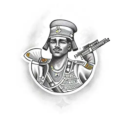 A traditional style tattoo of a soldier holding a gun with Egyptian hieroglyphs in the background tattoo design idea