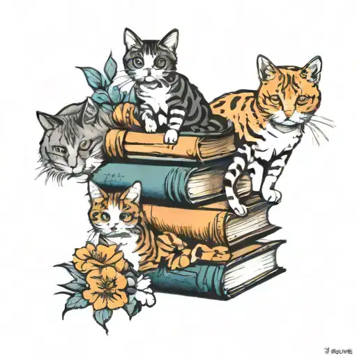 stack of books with 3 cats and california poppies tattoo design idea