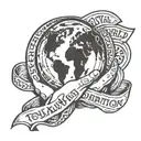 A hand holding the planet earth and crushing it slightly with the words total world domination in a ribbon beneath it tattoo design idea