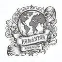 A hand holding the planet earth and crushing it slightly with the words total world domination in a ribbon beneath it tattoo design idea