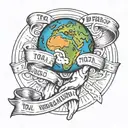 A hand holding the planet earth and crushing it slightly with the words total world domination in a ribbon beneath it tattoo design idea