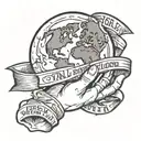 A hand holding the planet earth and crushing it slightly with the words total world domination in a ribbon beneath it tattoo design idea