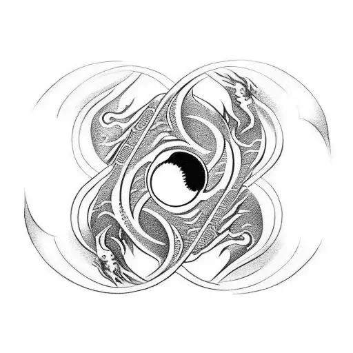 Yin yang symbol with a demon and a dragon on either side tattoo design idea