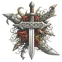 A long sword with a crown of thorns resting on the top tattoo design idea