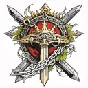 A long sword with a crown of thorns resting on the top tattoo design idea