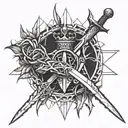 A long sword with a crown of thorns resting on the top tattoo design idea