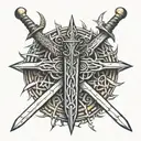 A long sword with a crown of thorns resting on the top tattoo design idea