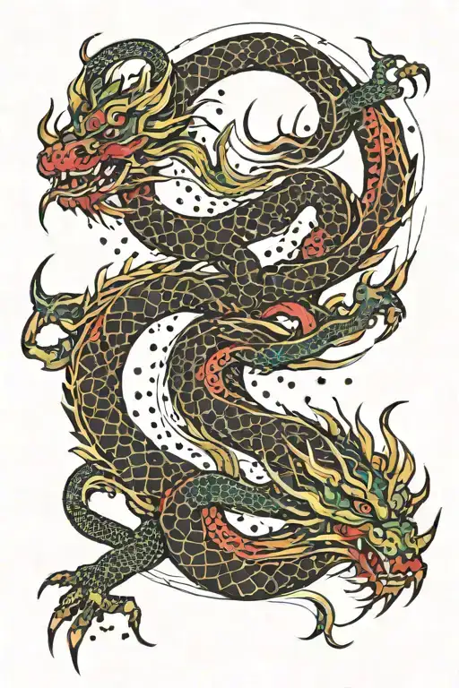 long geometric dots patterns one long brushstroke dragon tattoo design idea