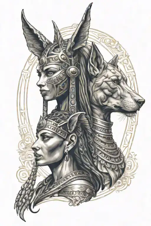 Woman and anubis egiptian god tattoo design idea