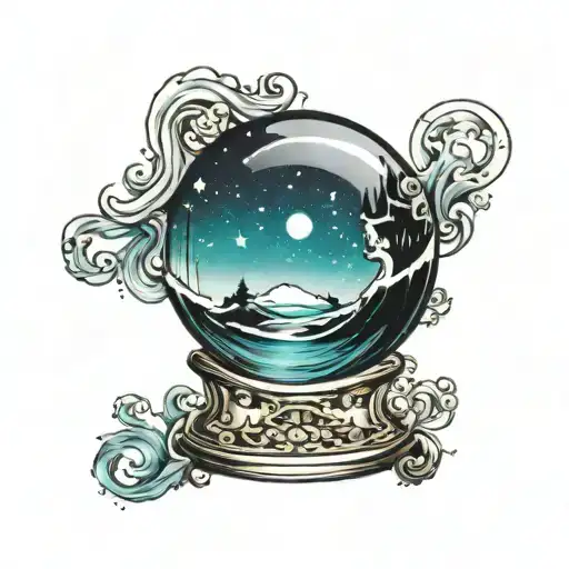 Create a crystal ball with a misty night sky with the Aquarius constellation inside the ball with waves around the ball tattoo design idea