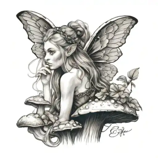  An elf with wings sits on a mushroom, seen in profile, her hair is dark and she is beautiful. tattoo design idea