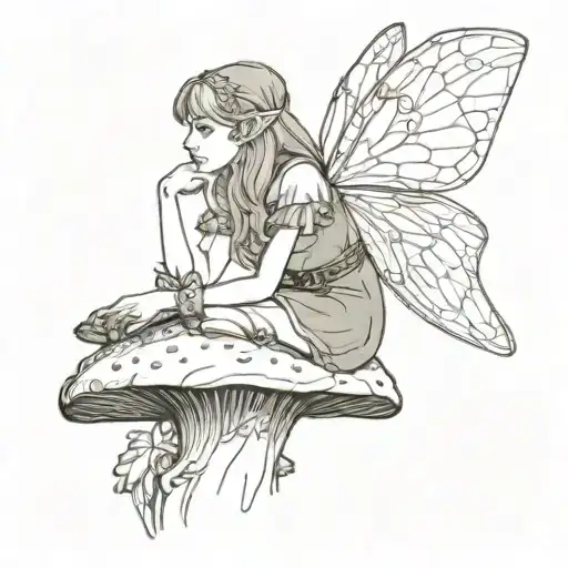  An elf with wings sits on a mushroom, seen in profile, her hair is dark and she is beautiful. tattoo design idea