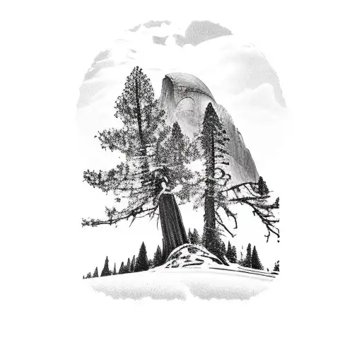medium size on my calf of a sequoia tree with half dome in the background tattoo design idea