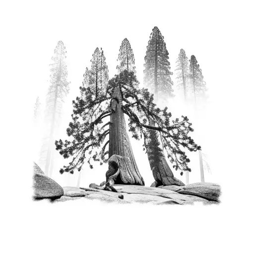 a sequoia tree with half dome in Yosemite national park in the background tattoo design idea