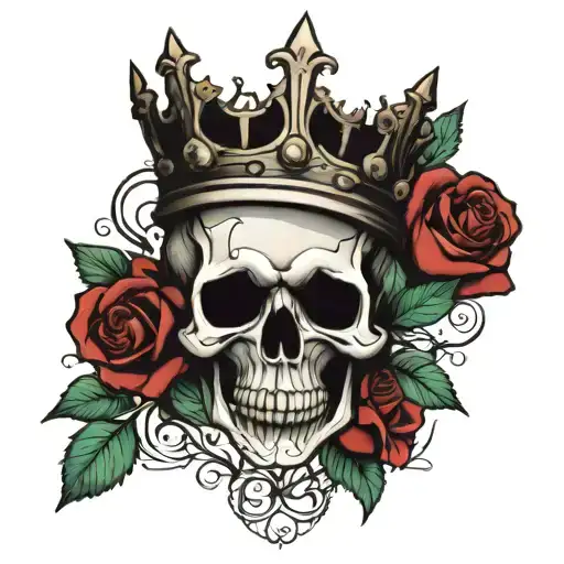 skull with roses and crown of thorns tattoo design idea