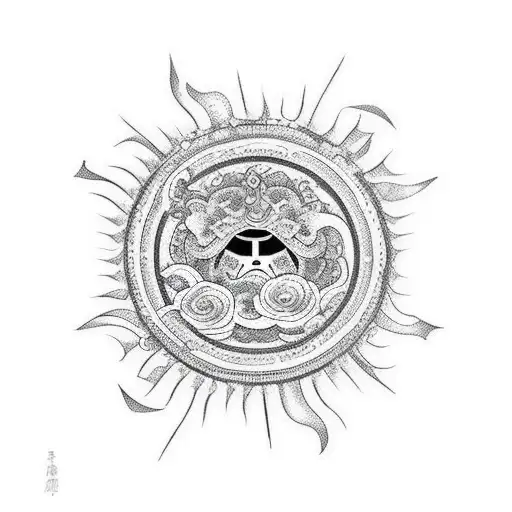 heart against the background of the Japanese sun  tattoo design idea
