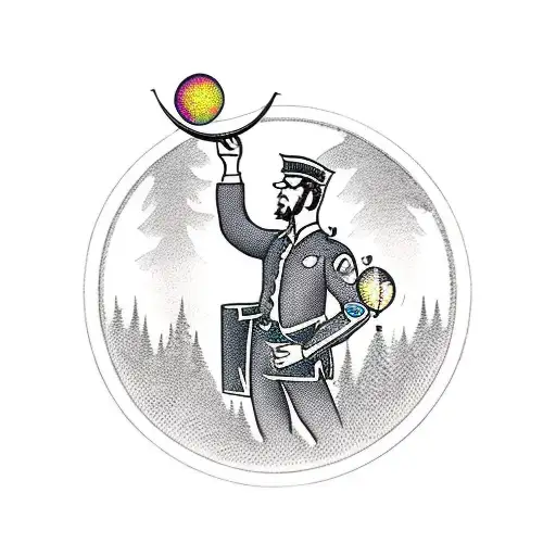 A traditional tattoo of a train conductor holding a crystal ball, with guitars and trees framing the scene tattoo design idea