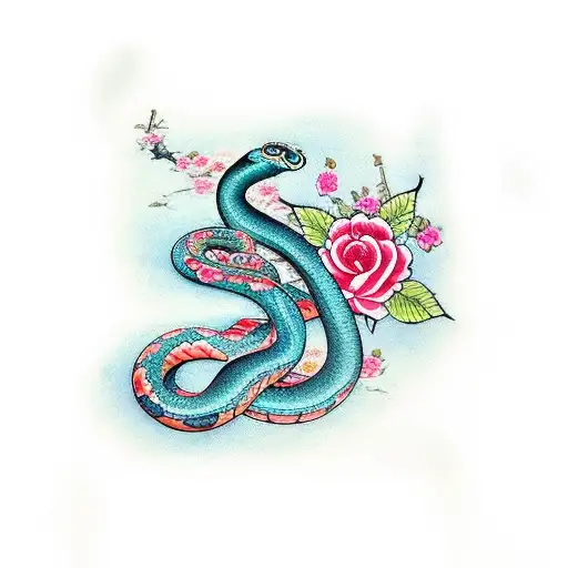 snake and roses tattoo design idea